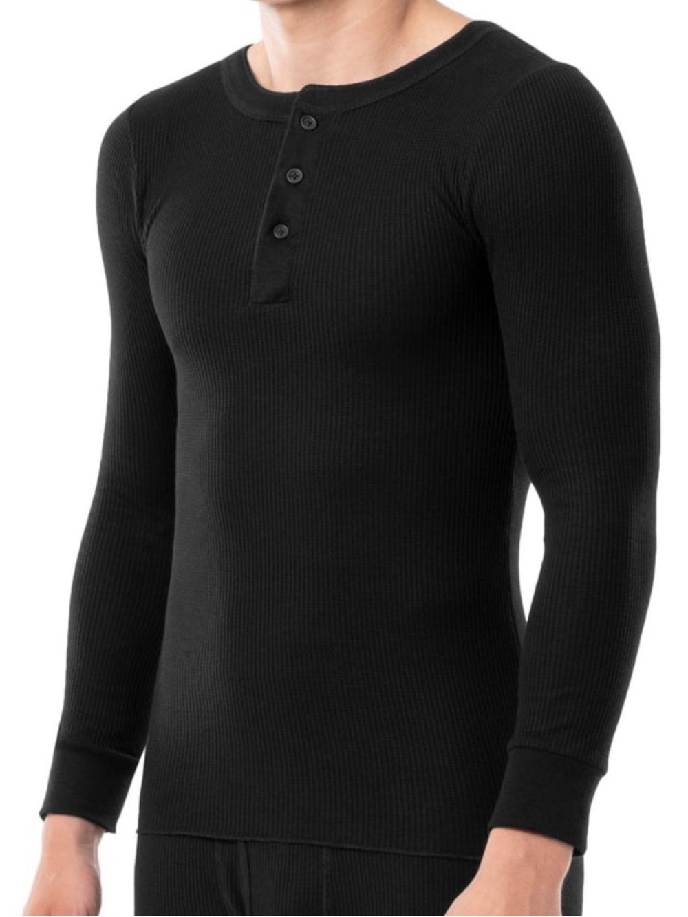 NWOT Fruit of the Loom Men's Thermal Waffle Henley Top, Black- Size XL
